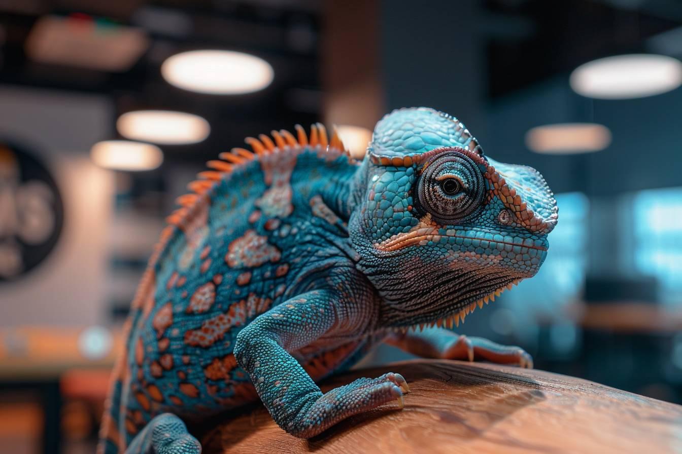 Gros plan sur un caméléon tropical aux couleurs vives et écailles texturées.