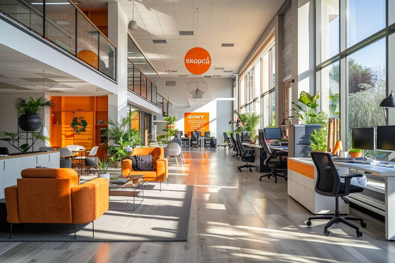 Intérieur d'un bureau avec mobilier design, végétation et beaucoup de lumière naturelle.