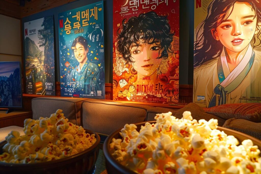 Affiche de films coréens, pop-corn et détente dans un salon confortable.