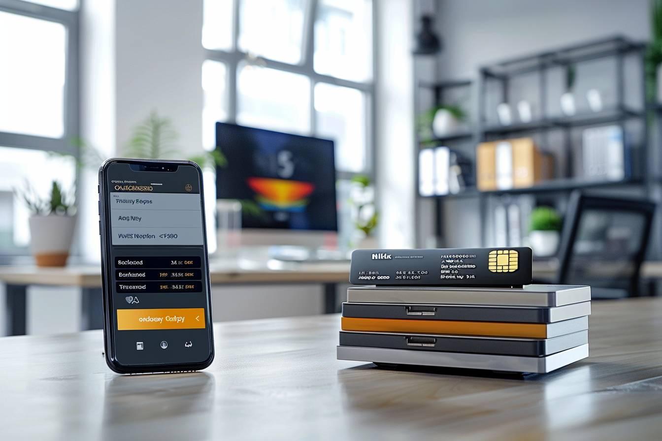 Un téléphone portable avec une application bancaire en cours d'utilisation et des cartes bancaires empilées sur le bureau.