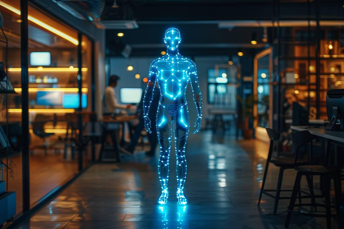 Une représentation futuriste d'un être humain cyborgtique lumineux dans un espace urbain