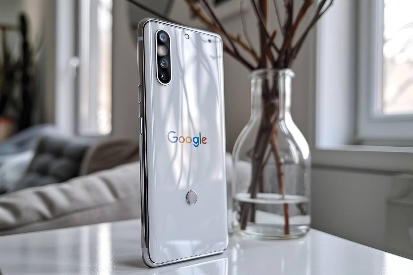 Un smartphone Google blanc et argenté dans un intérieur moderne