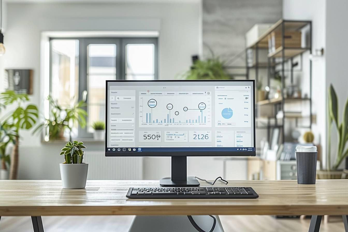 Écran d'ordinateur montrant des statistiques et graphiques sur un bureau avec des plantes