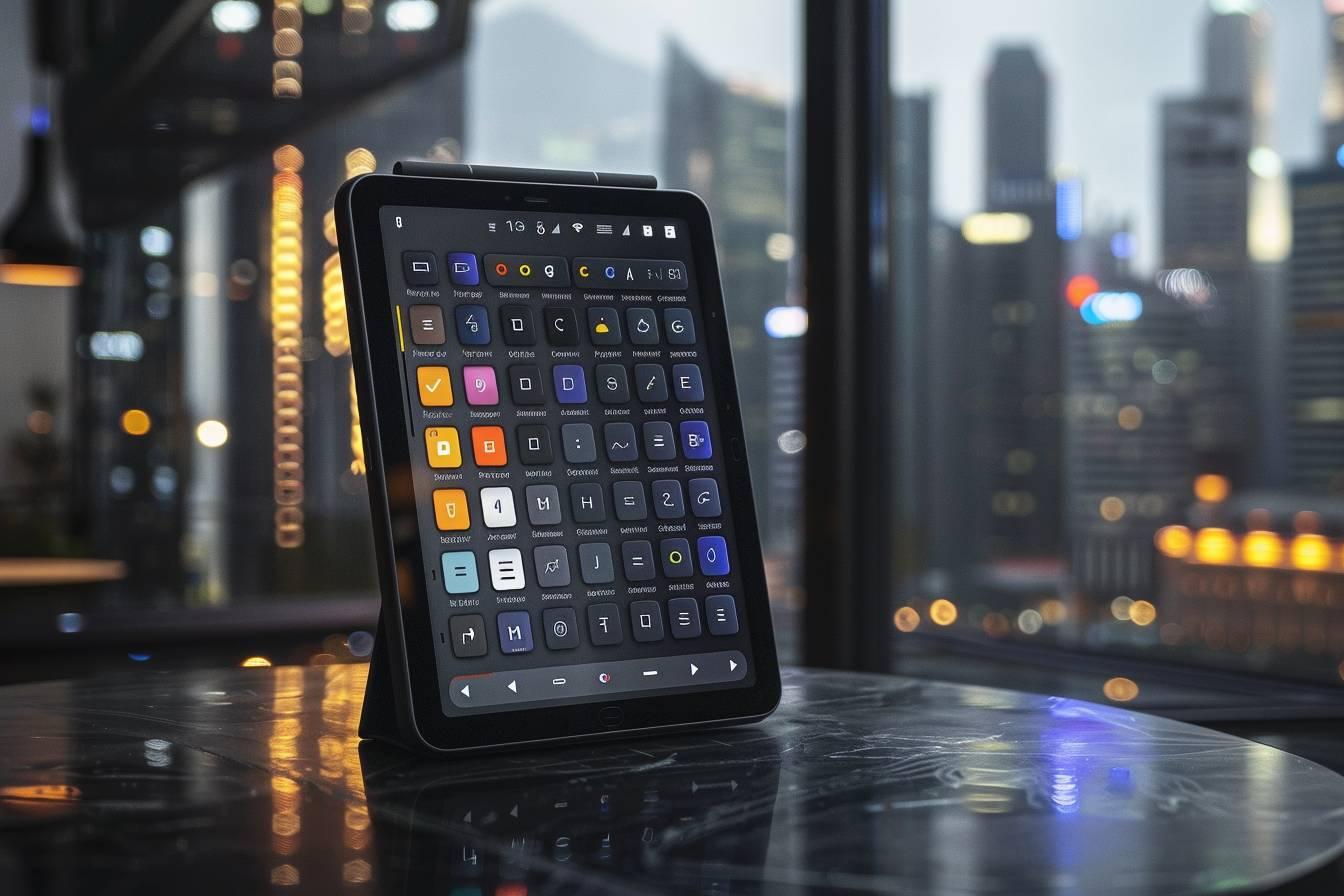 Tablette tactile noire avec un clavier numérique sur un fond urbain flou