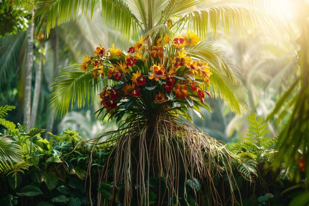 Bouquet floral tropical vibrant dans un jardin luxuriant