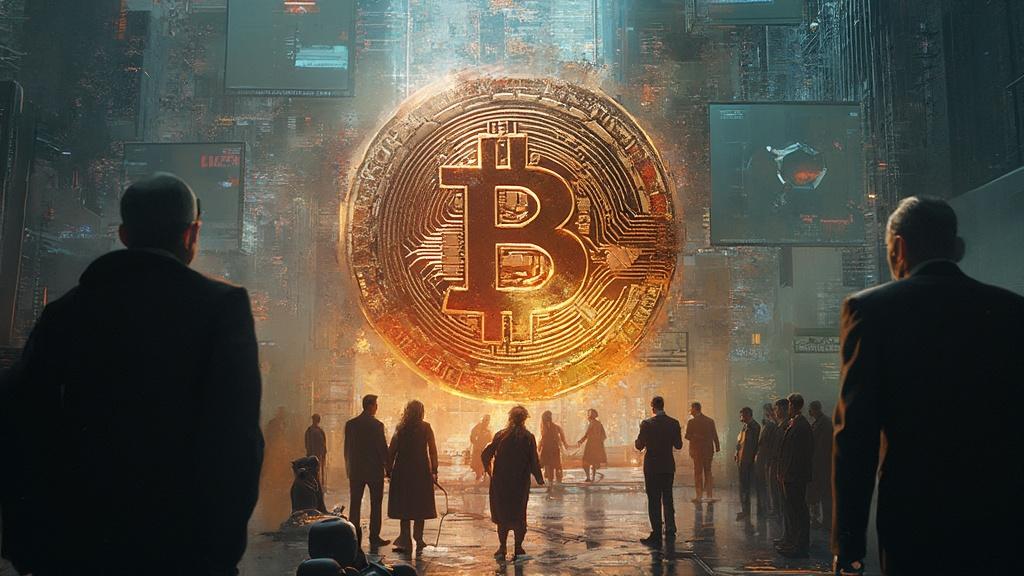 Illustration d'une ville futuriste avec un immense Bitcoin en son centre.