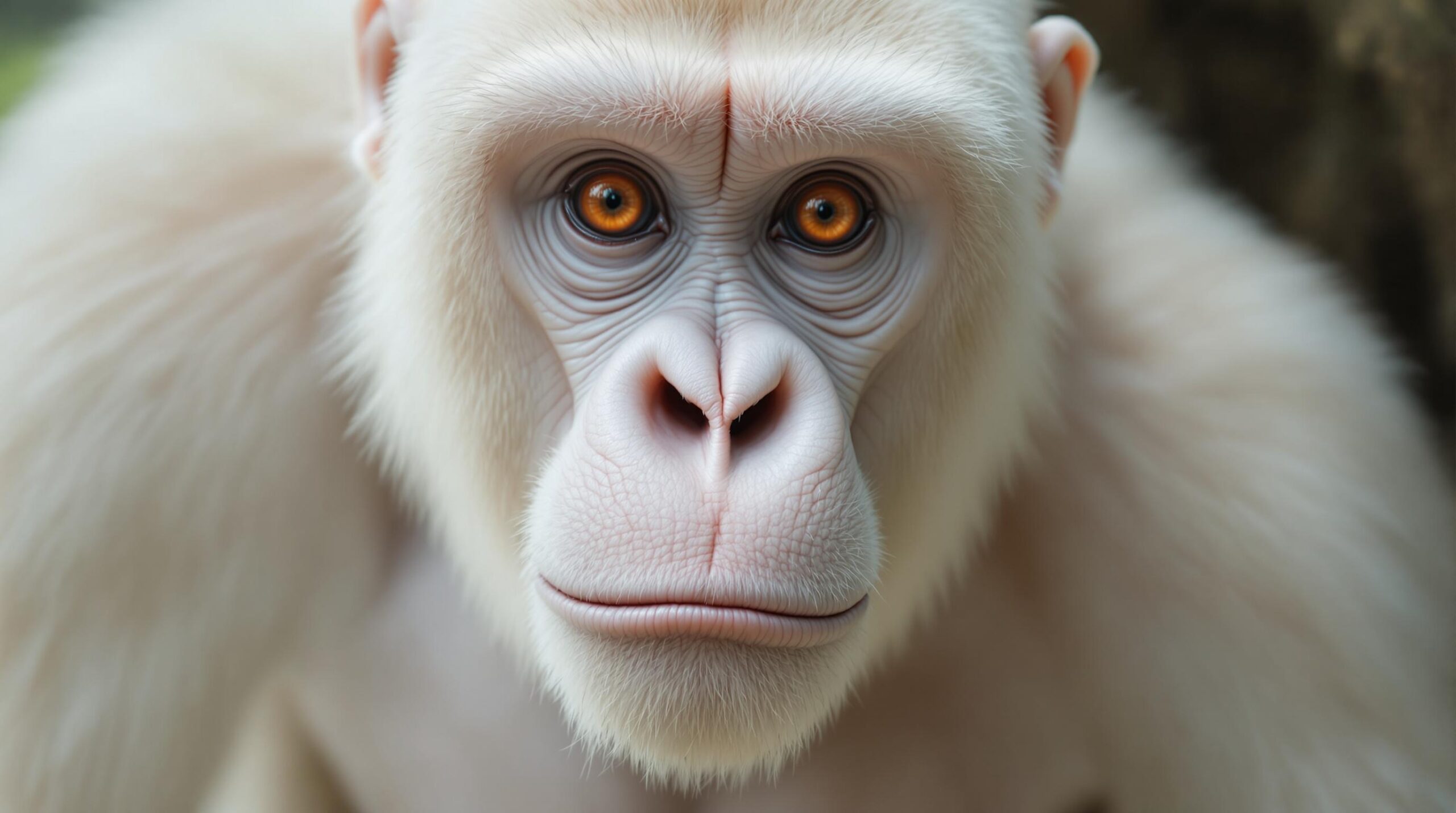 Visage rapproché d'un singe albinos aux yeux pénétrants et au pelage blanc