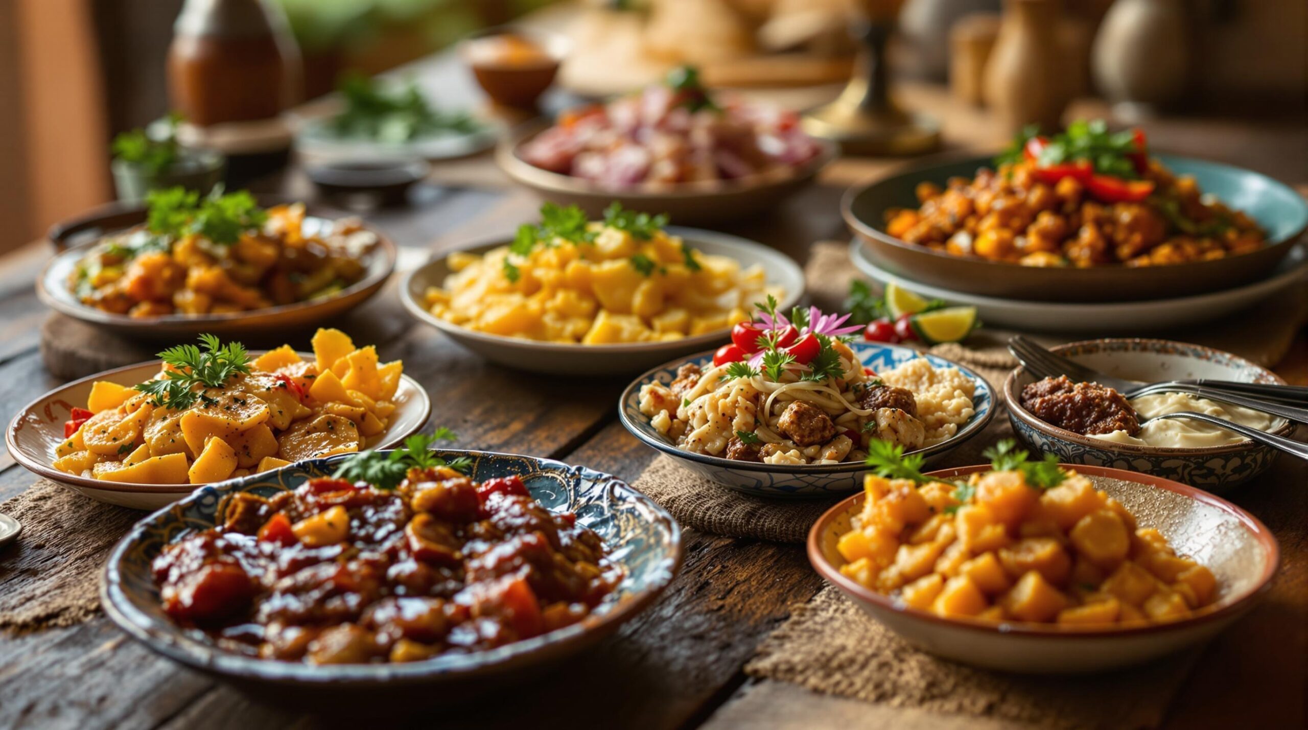 Variété de plats épicés et savoureux sur une table en bois