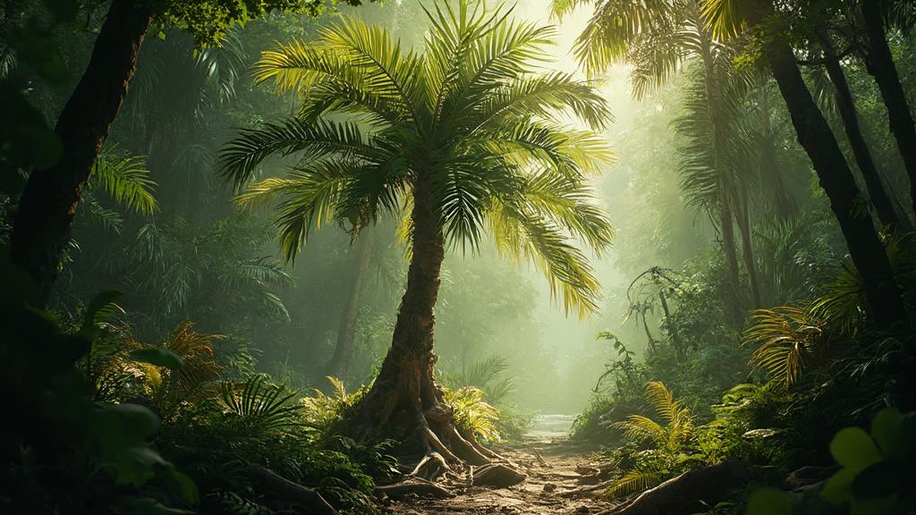 Paysage de forêt tropicale luxuriante avec des palmiers et un chemin sinueux