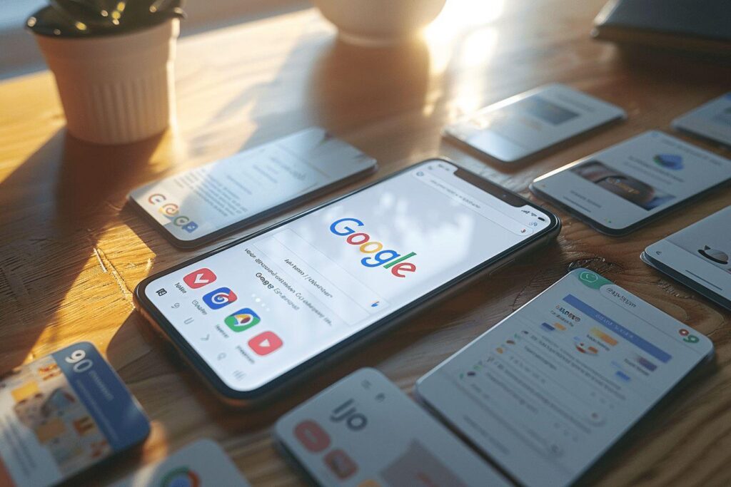 Image montrant un bureau avec un smartphone affichant le logo Google