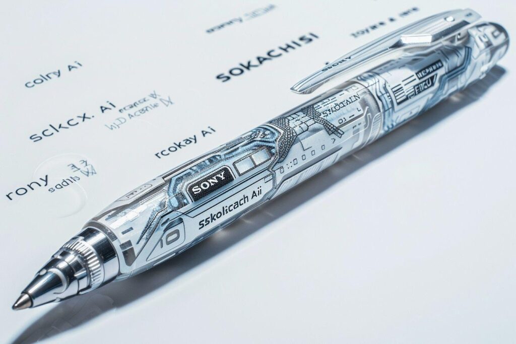 Stylo à bille argenté avec motifs tech et logo Sony